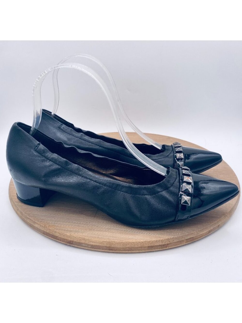 AGL Heels Womens 9.5 39.5 Black Leather Slip On Pointed Toe Studded Goth